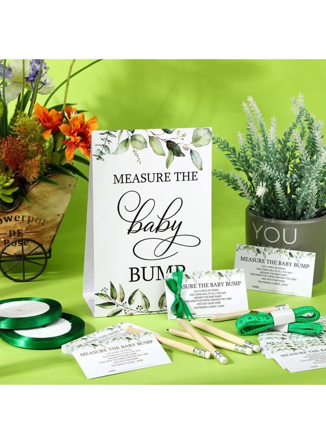 Fumete 65 Pieces Baby Shower Game Set 1 Measure the Baby Bump Sign Measure Mommy's Belly Game and 50 Guessing Cards 10 Pencils 2 Ribbons 2 Measuring Tapes for Baby Shower Party Decorations (Greenery) - Image 5